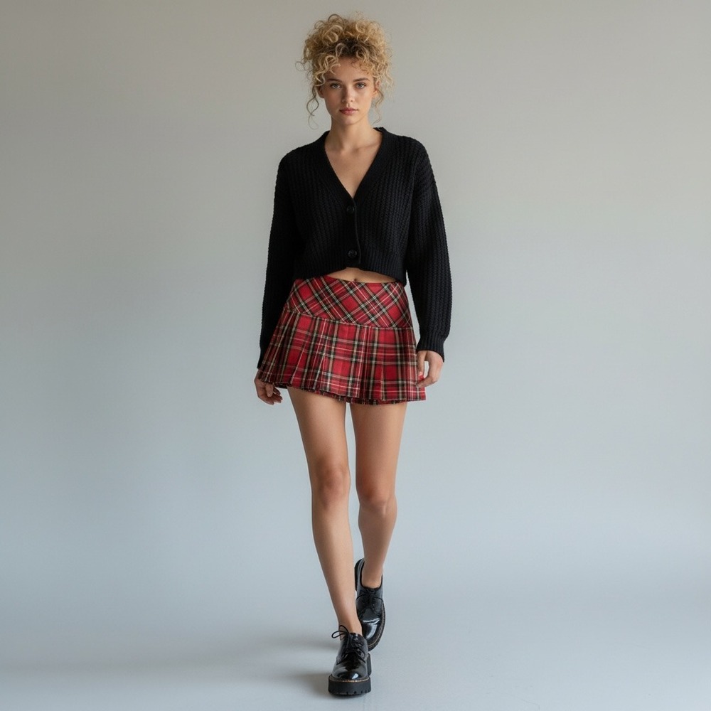 Royal Bones Red Tartan Plaid Grunge Punk Fest Pleated Clueless Mini Skirt XS